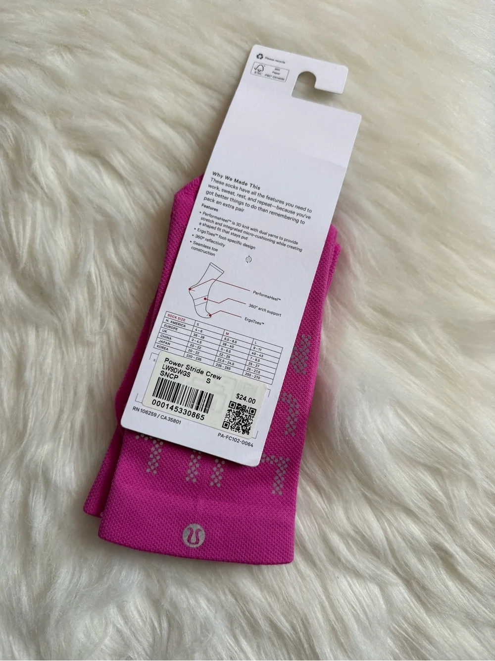 Lululemon Power Stride Crew Sock Reflective Sonic Pink SNCP Size S NWT